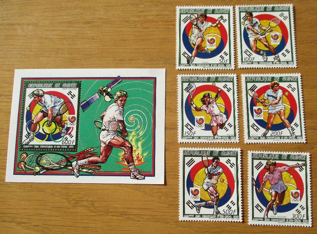 Guinée, serie en blokje Olympische Zomerspelen 1988, tennis, Postzegels en Munten, Verzenden, Postfris, Sport