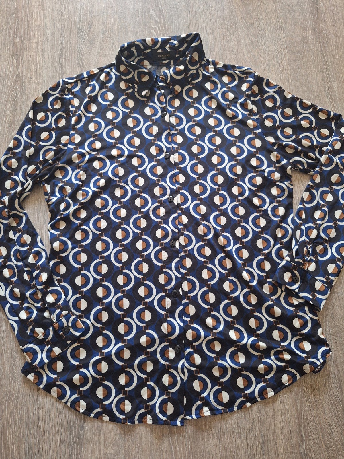 Chastar blouse travelstof mt 40 42, Maat 38/40 (M), Blauw, Chastar, Ophalen of Verzenden