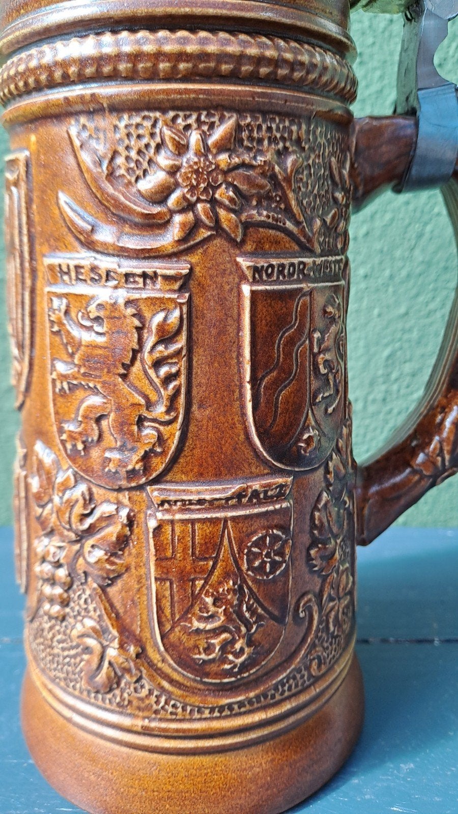 Vintage Duitse Bierpul met Wappen en Tinnen Deksel, Ophalen of Verzenden