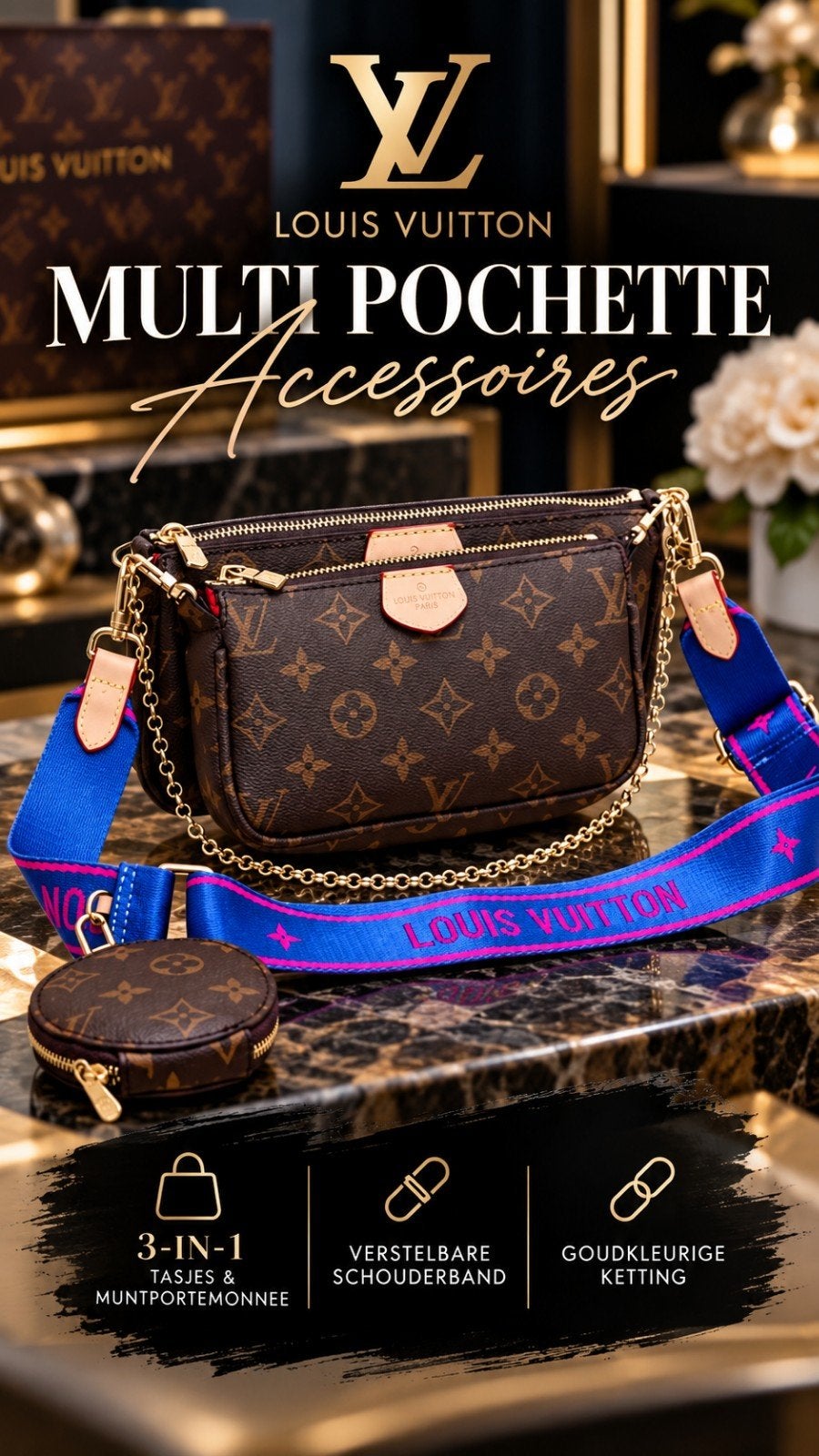 Louis Vuitton Multi Pochette Accessoires Monogram Blauw/Roze, Ophalen of Verzenden, Nieuw, Bruin, Overige merken