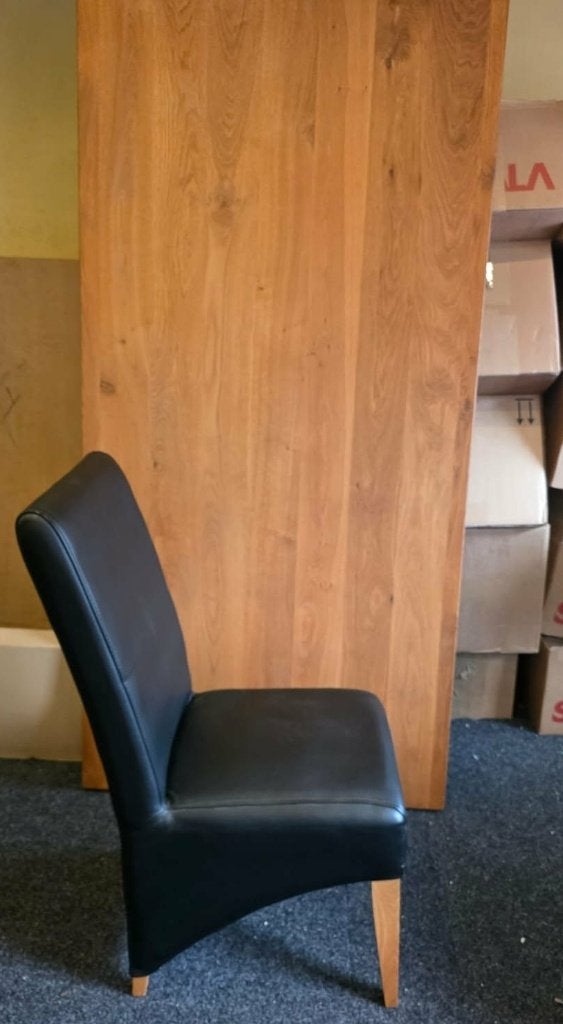 Zware massief eiken tafel en leren stoelen met eiken pootjes, Huis en Inrichting, Ophalen, Gebruikt, Eikenhout, 200 cm of meer