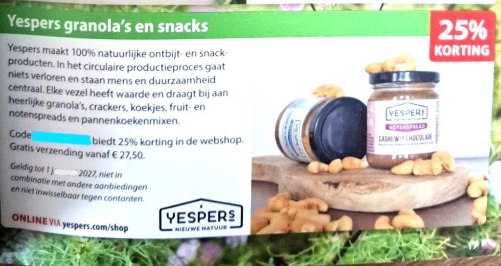 Yespers granola's en snacks 25% kortingscode, Tickets en Kaartjes, Kortingen en Cadeaubonnen, Eén persoon, Kortingsbon, Overige typen
