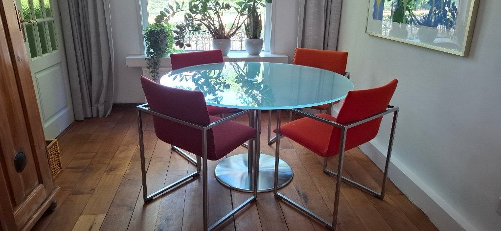Metaform, orfis glazen tafel, Huis en Inrichting, Tafels | Eettafels, Ophalen, Rond, Zo goed als nieuw, Glas