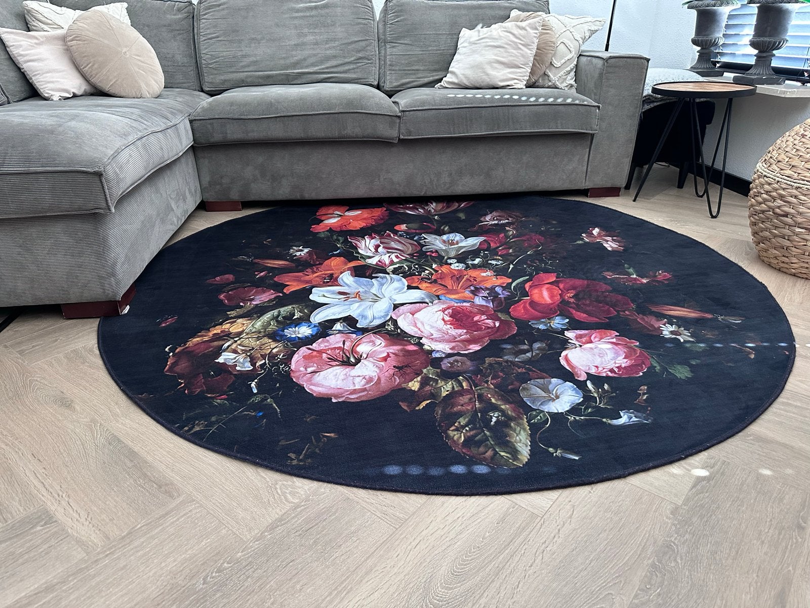 Rond vloerkleed met bloemenprint - Nieuwstaat, Ophalen, Zwart, 150 tot 200 cm, Rond