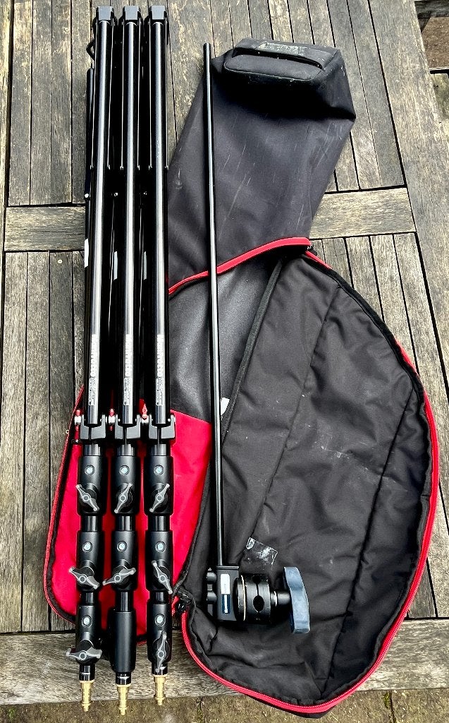 3 x Manfrotto 1004 BAC statieven in foedraal + Avenger D520B, Audio, Tv en Foto, Fotografie | Fotostudio en Toebehoren, Gebruikt