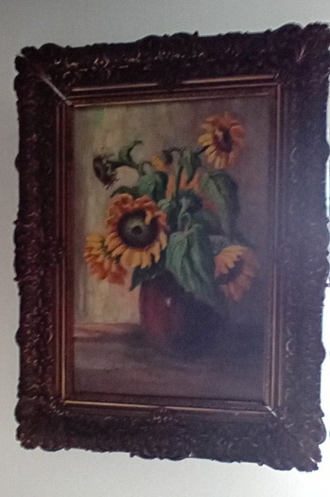Vintage schilderij met zonnebloemen ca. 80  60 cm, Ophalen of Verzenden, Gesigneerd