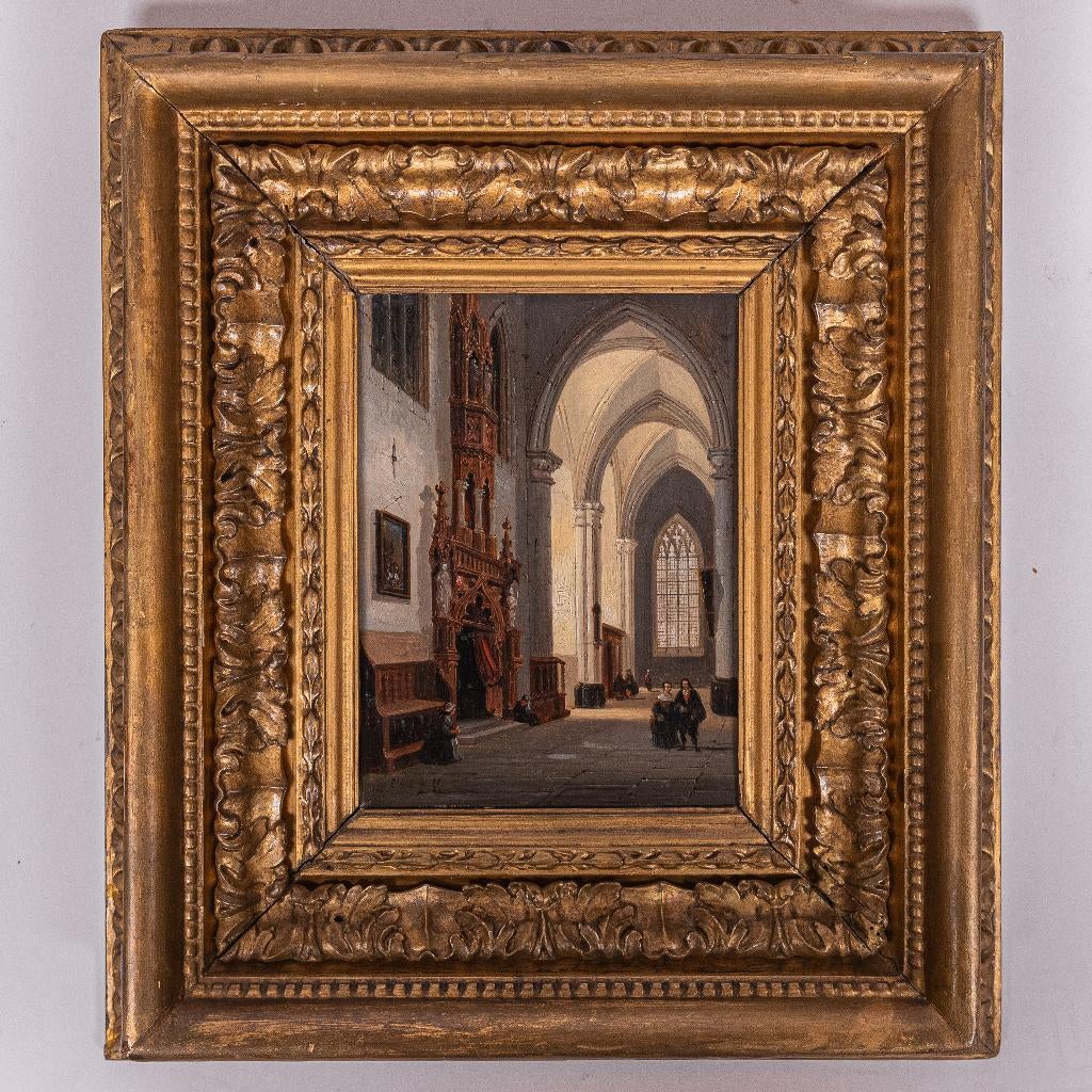 Schilderij kerkinterieur, De Cauwer 1855, Ophalen of Verzenden