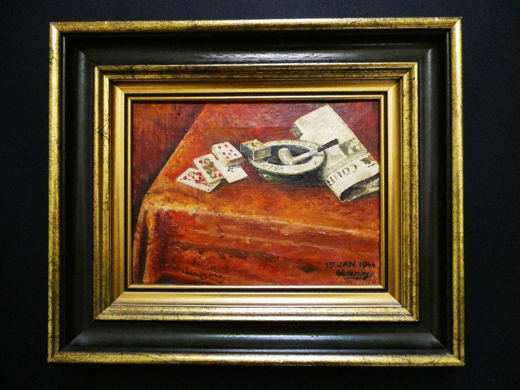 Stilleven speelkaarten met tabakspijp gesign. 1944 Wetering, Antiek en Kunst, Doek, Stilleven, Ophalen of Verzenden, Gedateerd