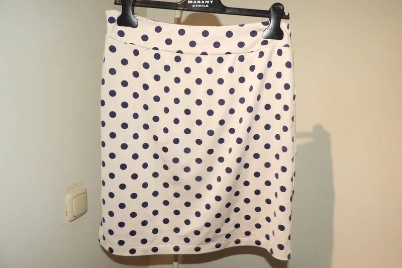 King Louie stretch rok creme blauwe stippen bollen print L, Verzenden, Wit, Maat 42/44 (L), Zo goed als nieuw