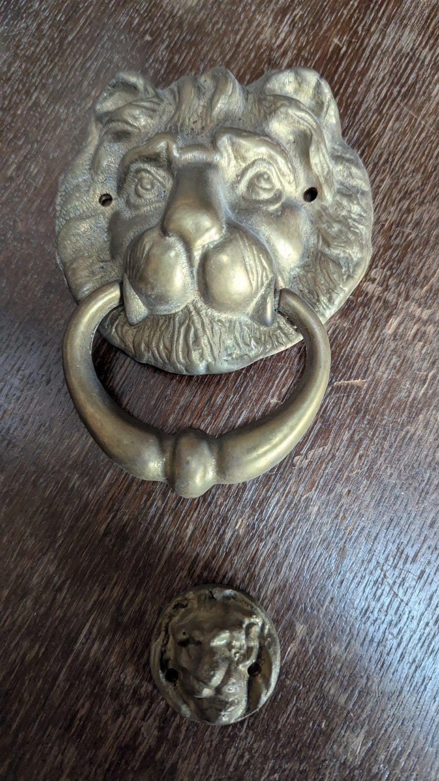 Antieke Messing Leeuwenkop Deurklopper met Kleine Leeuw, Antiek en Kunst, Ophalen of Verzenden