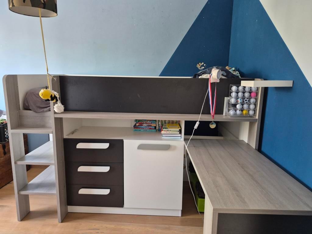 Halfhoogslaper met bureau, kasten matras, Ophalen, 85 tot 100 cm, Zo goed als nieuw, Matras