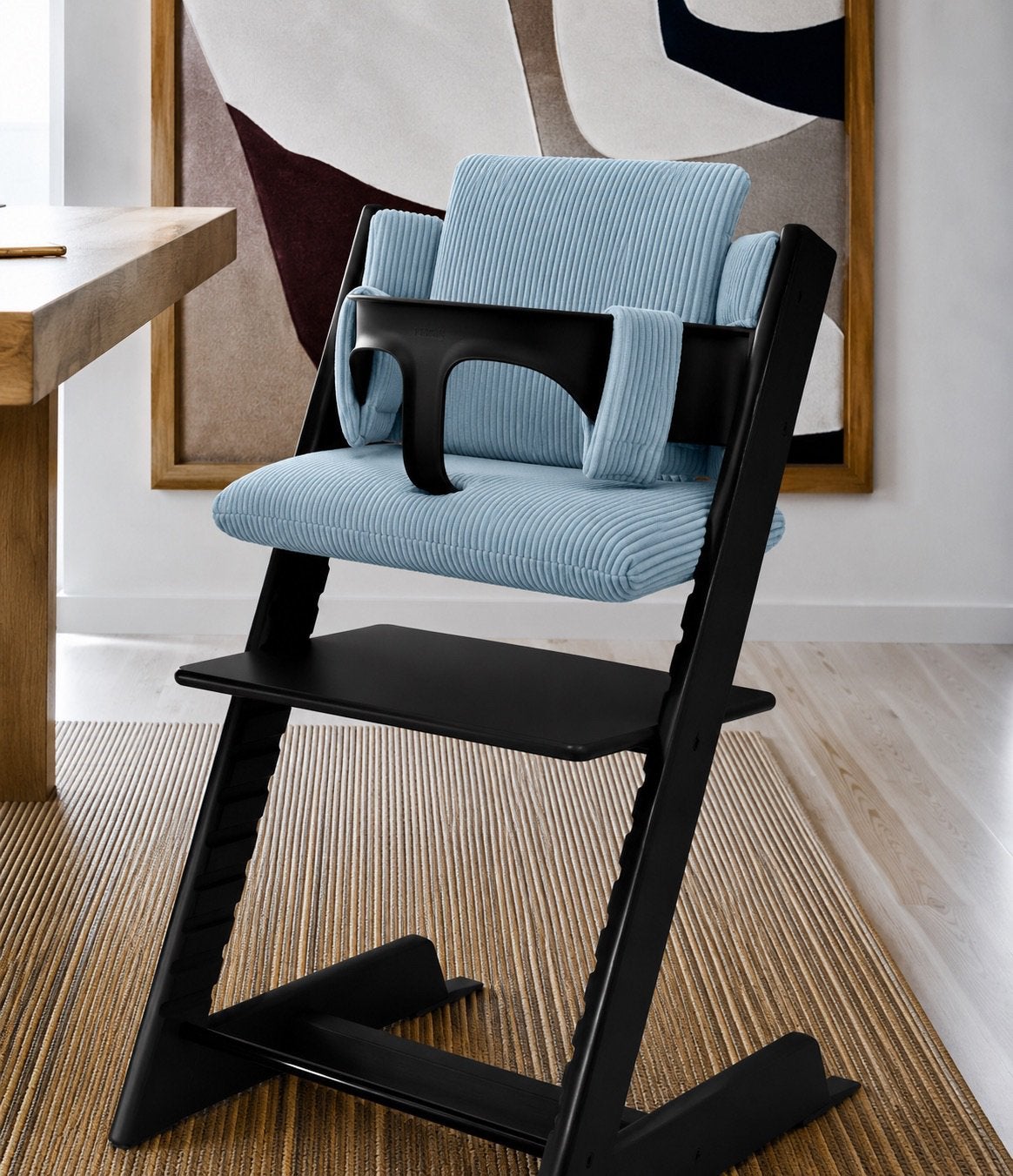 Nieuw! Ribstof lichtblauw Stokke Tripp Trapp stoel kussenset, Ophalen of Verzenden, Nieuw, Meegroeistoel, Aanschuifbaar
