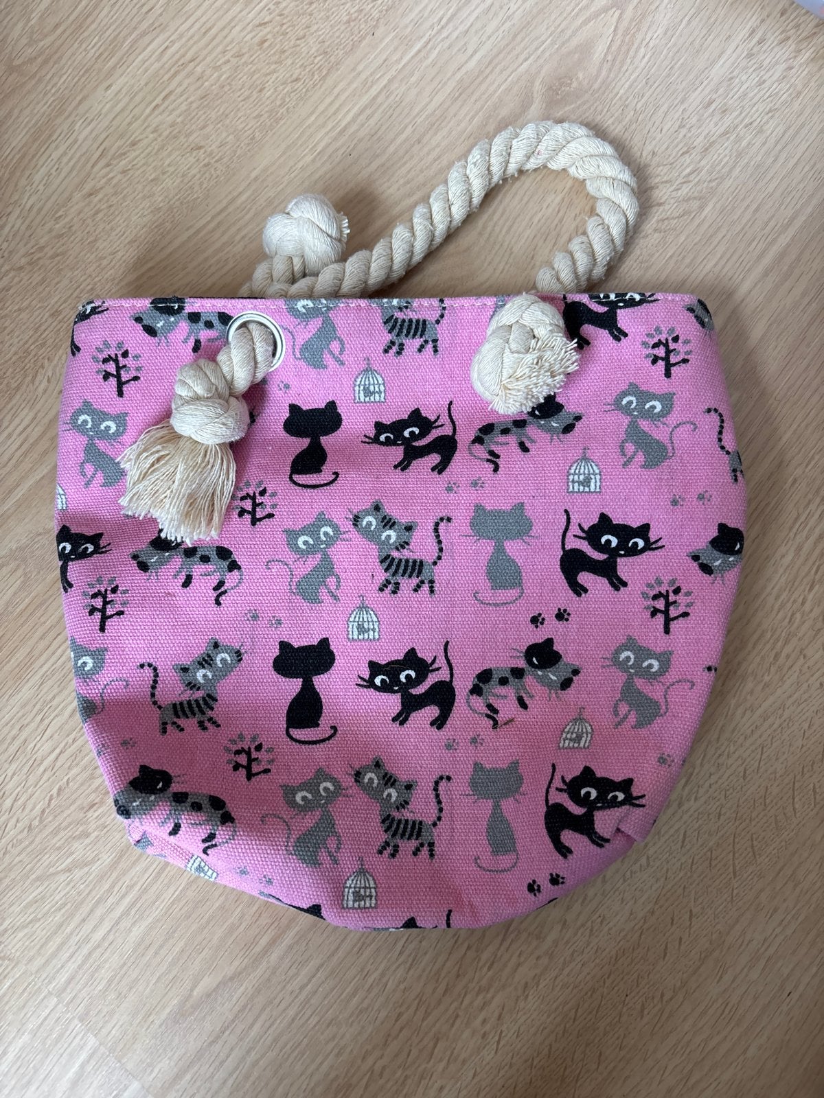 Leuke roze tas met kattenprint en touw handvatten, Ophalen of Verzenden, Nieuw
