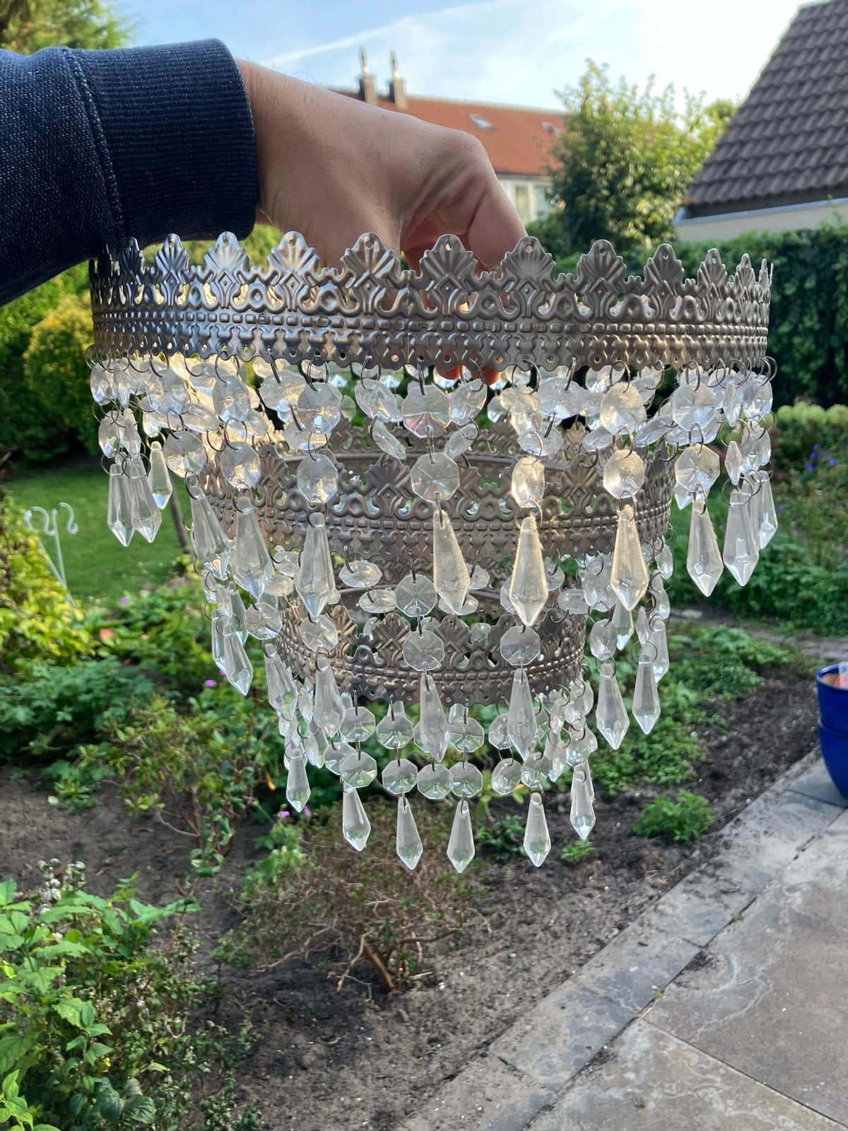 Metalen lampenkap met kristallen, doorsnee 30 cm, Ophalen of Verzenden, Gebruikt, Metaal