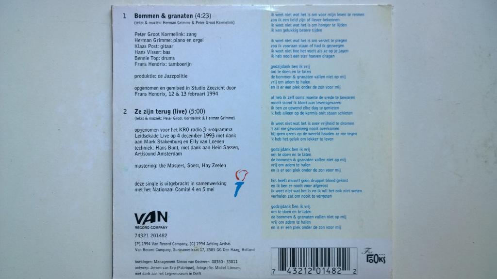 De Jazzpolitie - Bommen En Granaten, 1 single, Ophalen of Verzenden, Zo goed als nieuw, Nederlandstalig