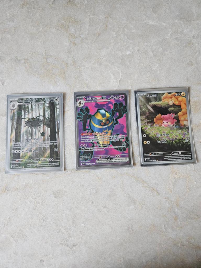 Pokémon Kaarten: Ferrothron, Cofagrigus ex, Pawmi, Ophalen of Verzenden, Zo goed als nieuw, Meerdere kaarten