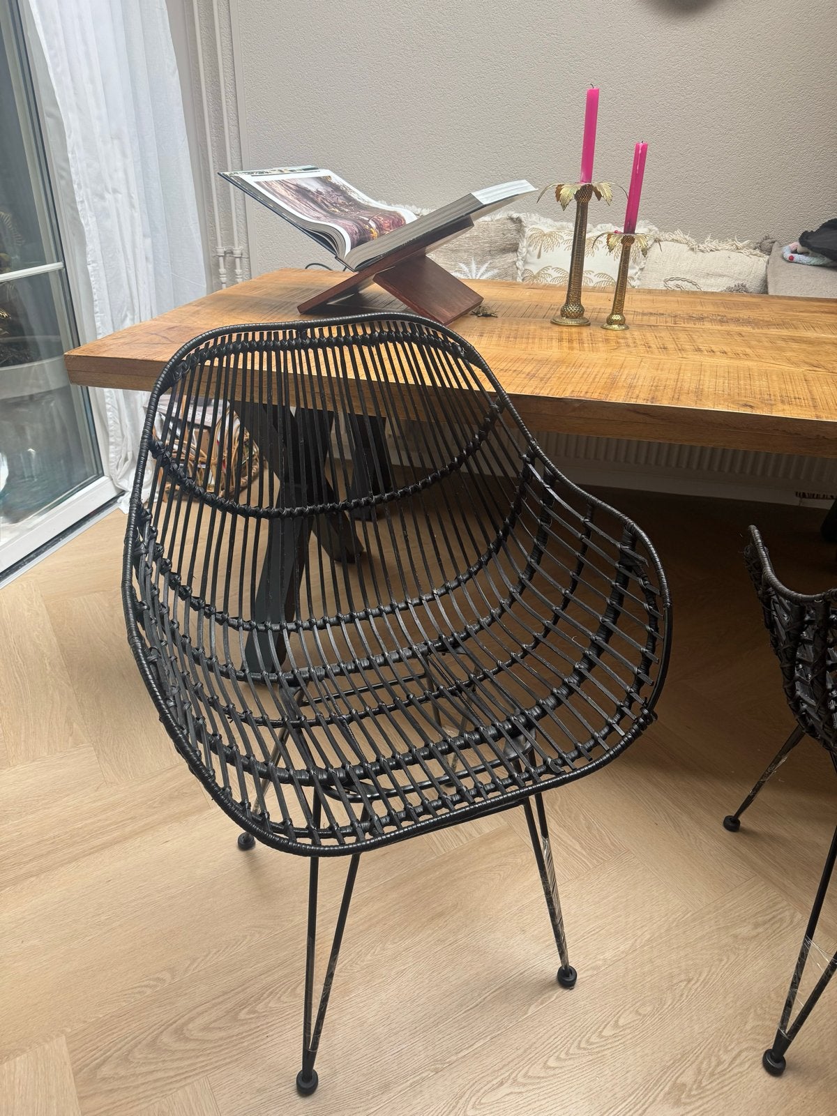 2 zwarte rotan eetkamerstoelen, Gebruikt, Twee, Zwart, Riet of Rotan