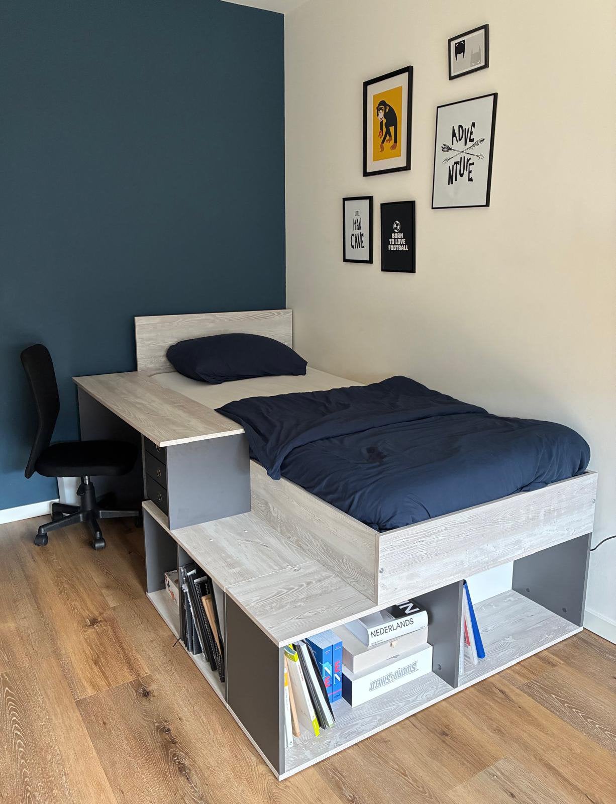Bed 90x200 inclusief bureau met bureaustoel en opbergruimte, Gebruikt, 100 cm of meer, 180 cm of meer, Ophalen
