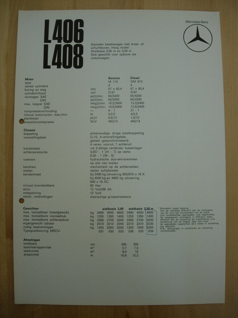 Mercedes 406 408 Technische Specificatie Brochure 1969 406D, Boeken, Zo goed als nieuw, Mercedes-Benz, Mercedes, Ophalen of Verzenden