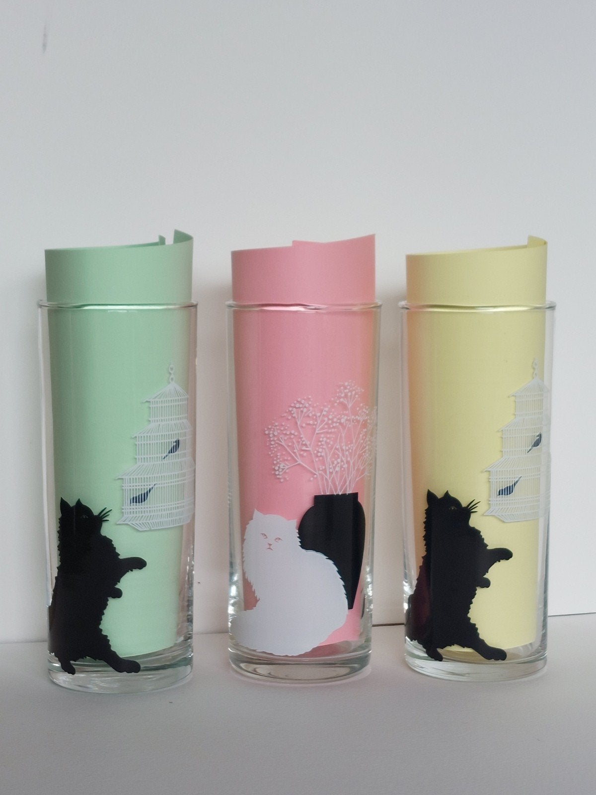 Drie longdrink glazen met zwart wit katten, Ophalen of Verzenden, Gebruikt, Waterglas