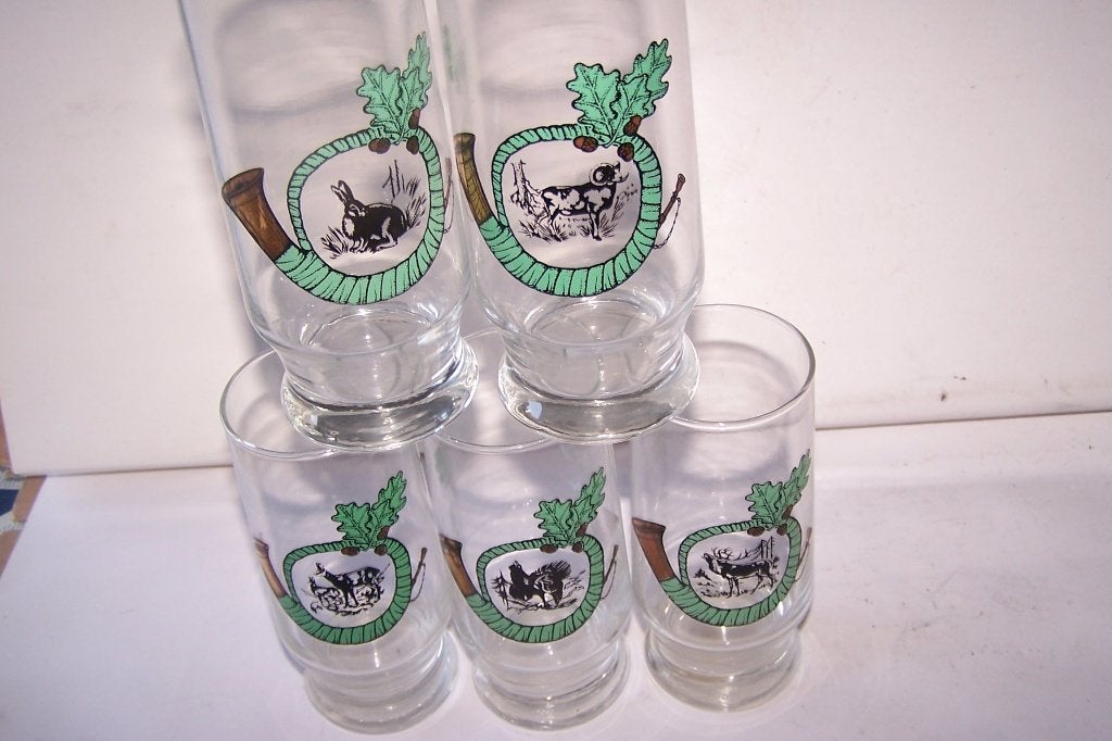 Set van 5 vintage jachtglazen met dierenmotieven. Zie foto's, Ophalen of Verzenden, Zo goed als nieuw, Frisdrankglas