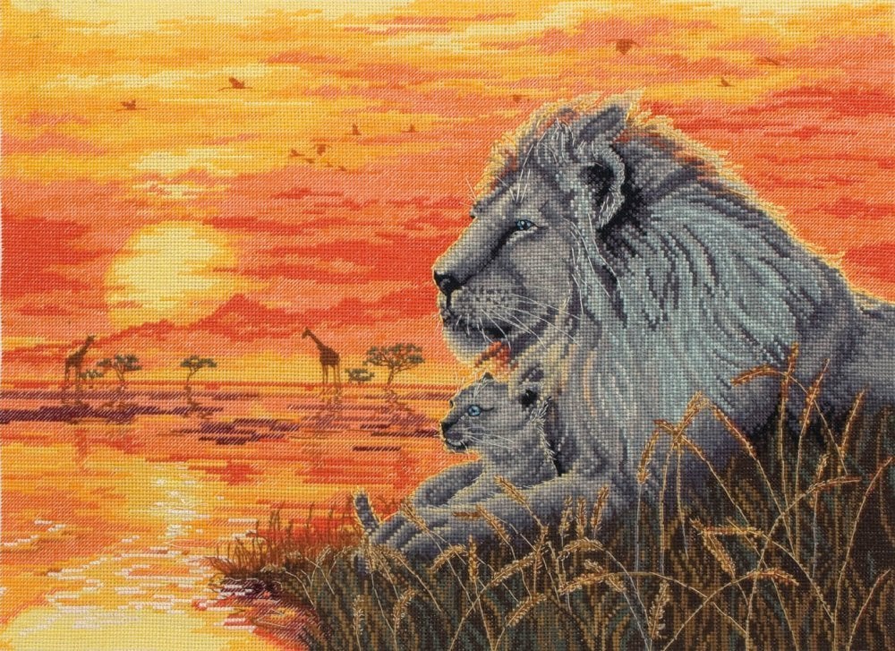 Borduurpakket Leeuw bij zonsondergang 1203, Hobby en Vrije tijd, Borduren en Borduurmachines, Geen, Geen, Nieuw, Ophalen of Verzenden