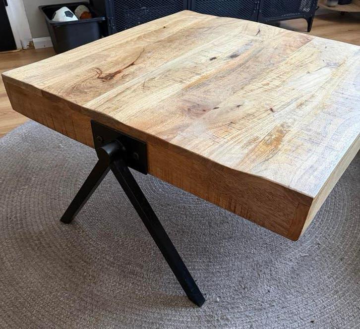 Mango houten salontafel met industriële poten 80x80, Huis en Inrichting, Tafels | Salontafels, Gebruikt, Vierkant, Minder dan 50 cm