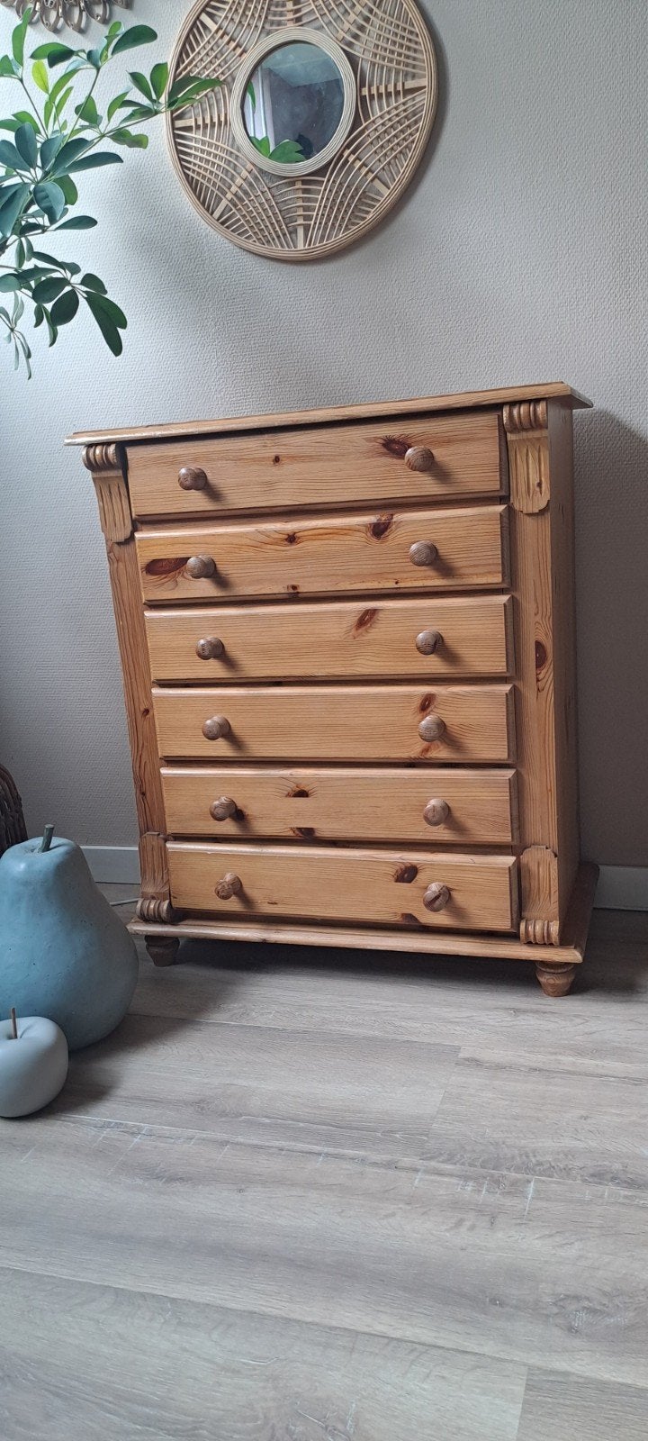 Prachtig grenen ladenkastje met 6 laden, Ophalen, Gebruikt, 5 laden of meer, 100 tot 150 cm