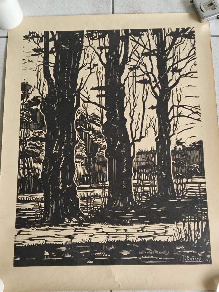 HOUTSNEDE J.J. BURGESS, 1936, LINOSNEDE., Antiek en Kunst, Kunst | Etsen en Gravures, Ophalen of Verzenden