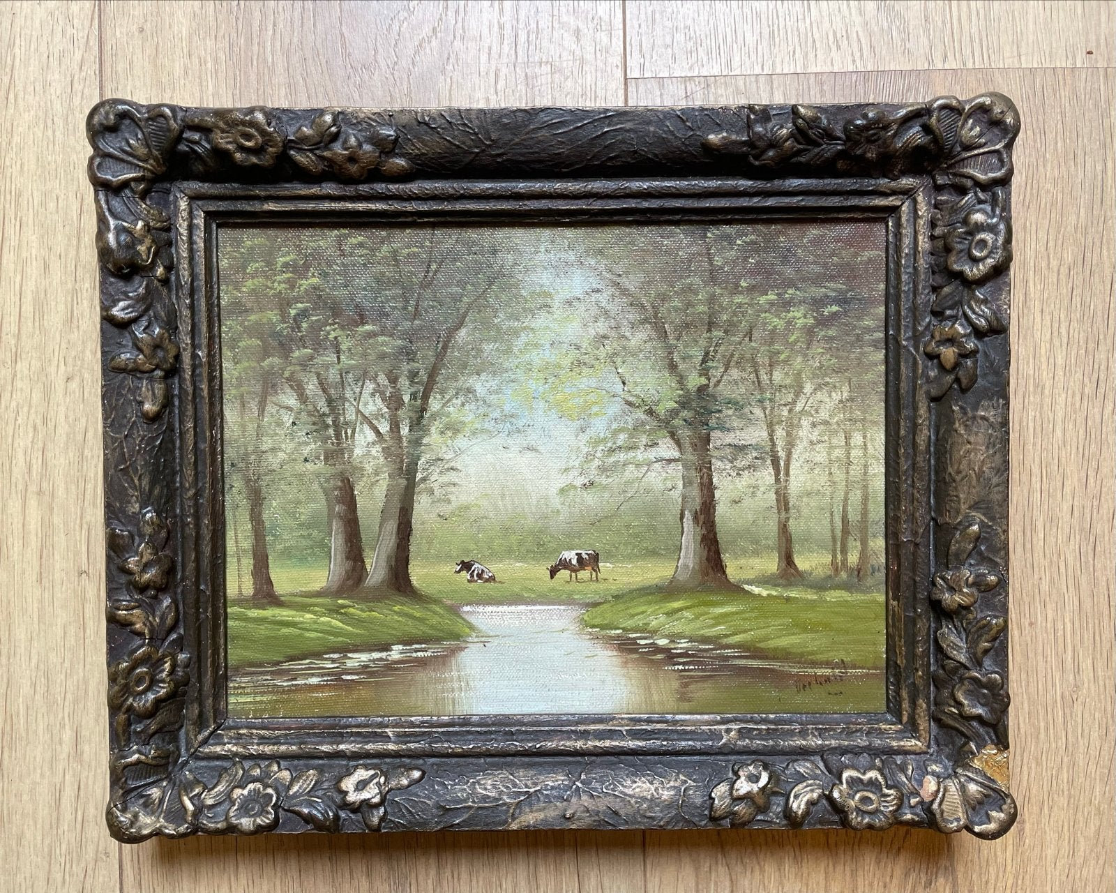 Klein schilderij, koeien, Verhulst, goudkleurige lijst, Doek, Ophalen of Verzenden, Gesigneerd, Landschap