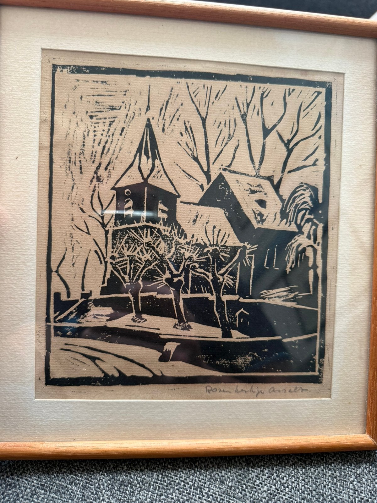 Houtsnede Rozenkerkje Asselt, Ophalen of Verzenden, Overige typen, Lithografie, Ingelijst
