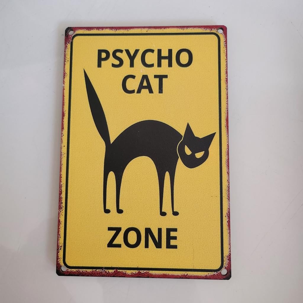 Psycho Cat Zone - houten bordje - Vintage look, Huis en Inrichting, Woonaccessoires | Overige, Meerkleurig, Nieuw, Ophalen of Verzenden