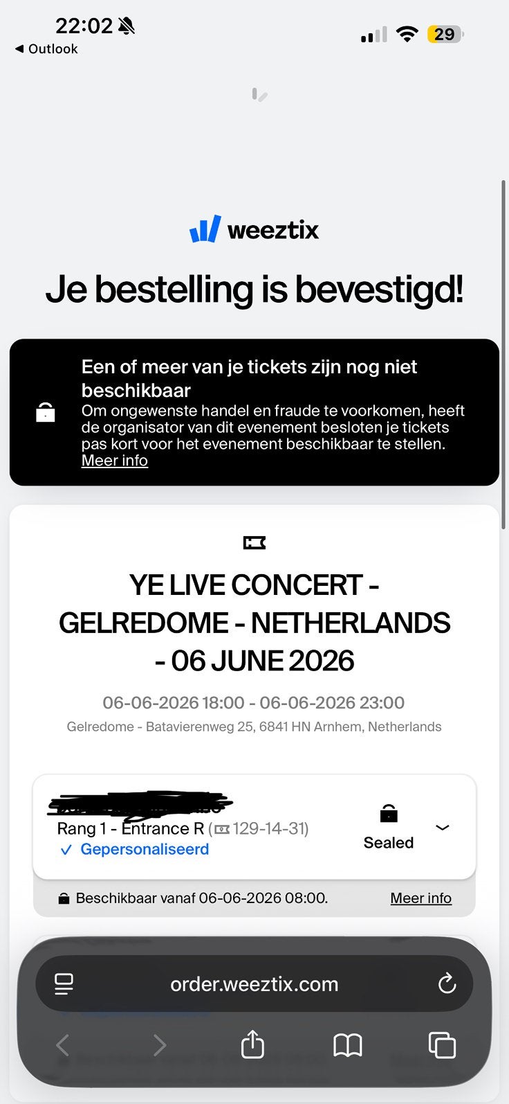 1 ticket Kanye west gelredome 1e rang, Tickets en Kaartjes, Drie personen of meer, Juni