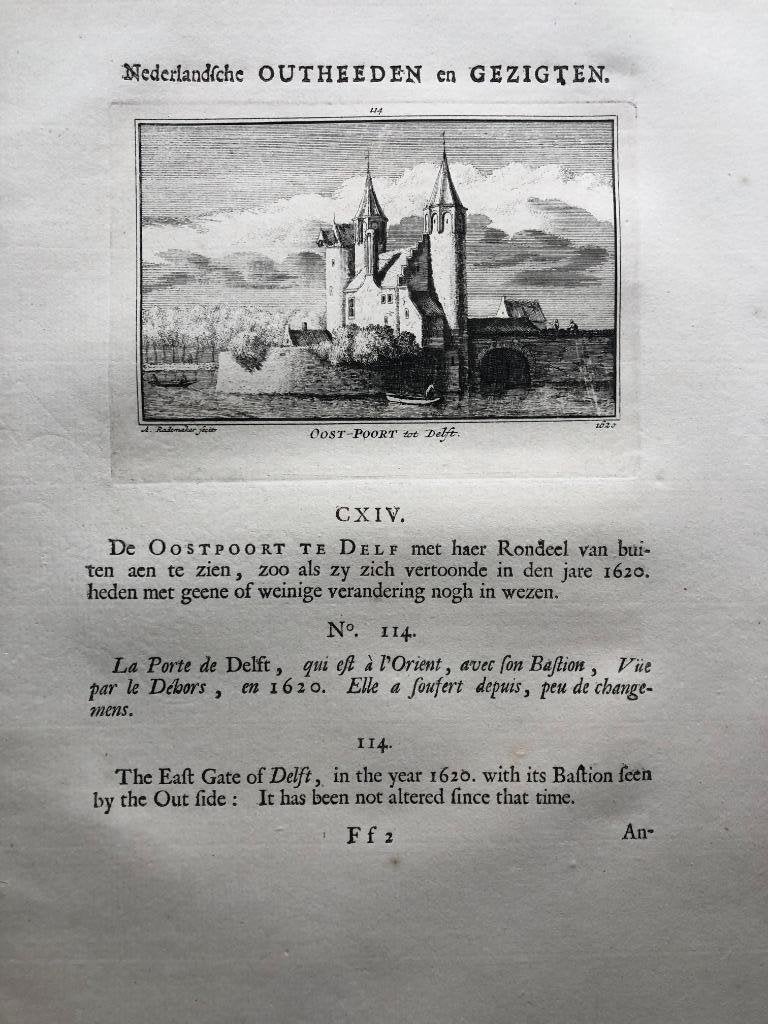 114 / Delft de Oostpoort Kopergravure 1732, Antiek en Kunst, Kunst | Etsen en Gravures, Ophalen of Verzenden