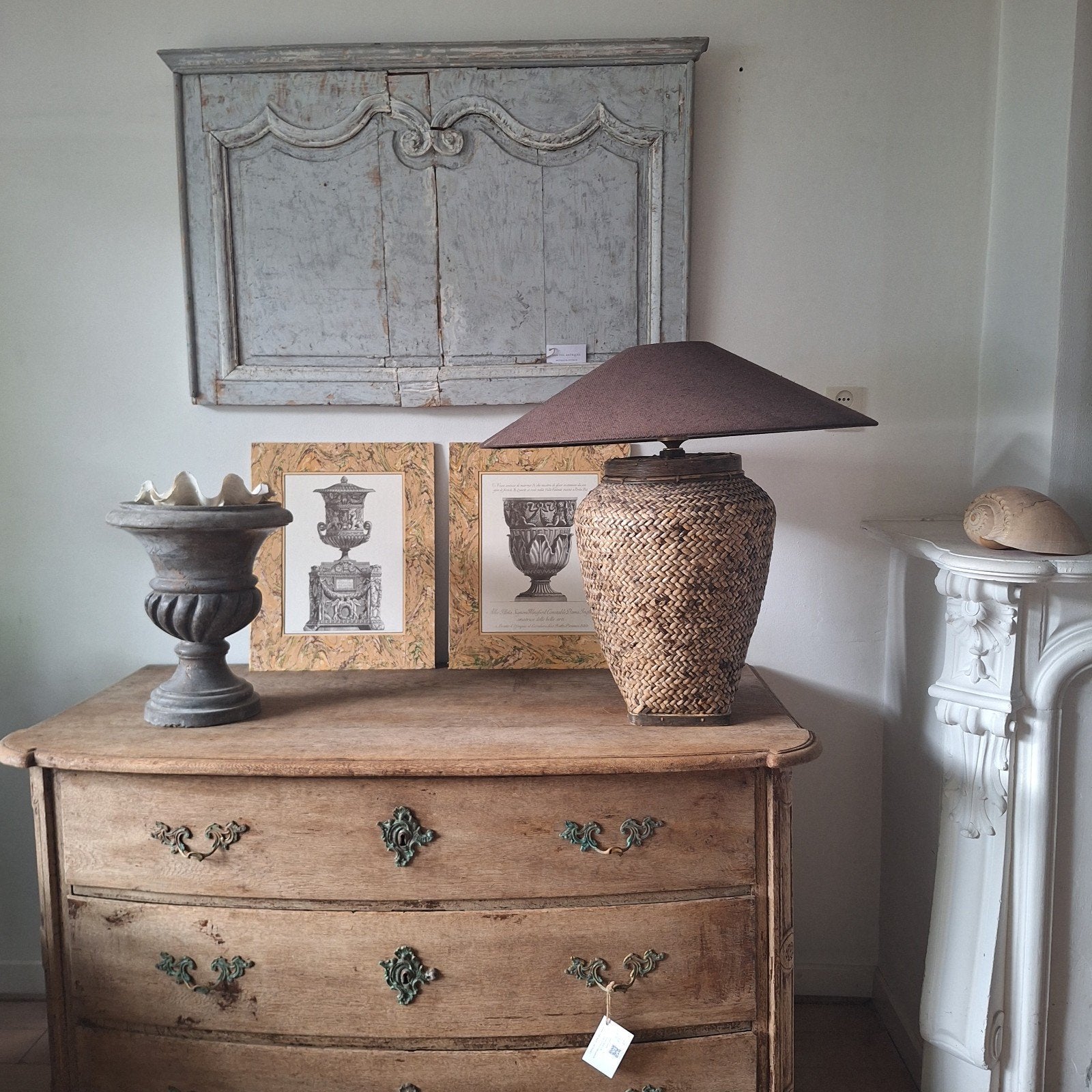 grote Birma rattan lamp inclusief linnen grijze kap, Gebruikt, Tafellamp, Natuurlijk materiaal, 70 cm