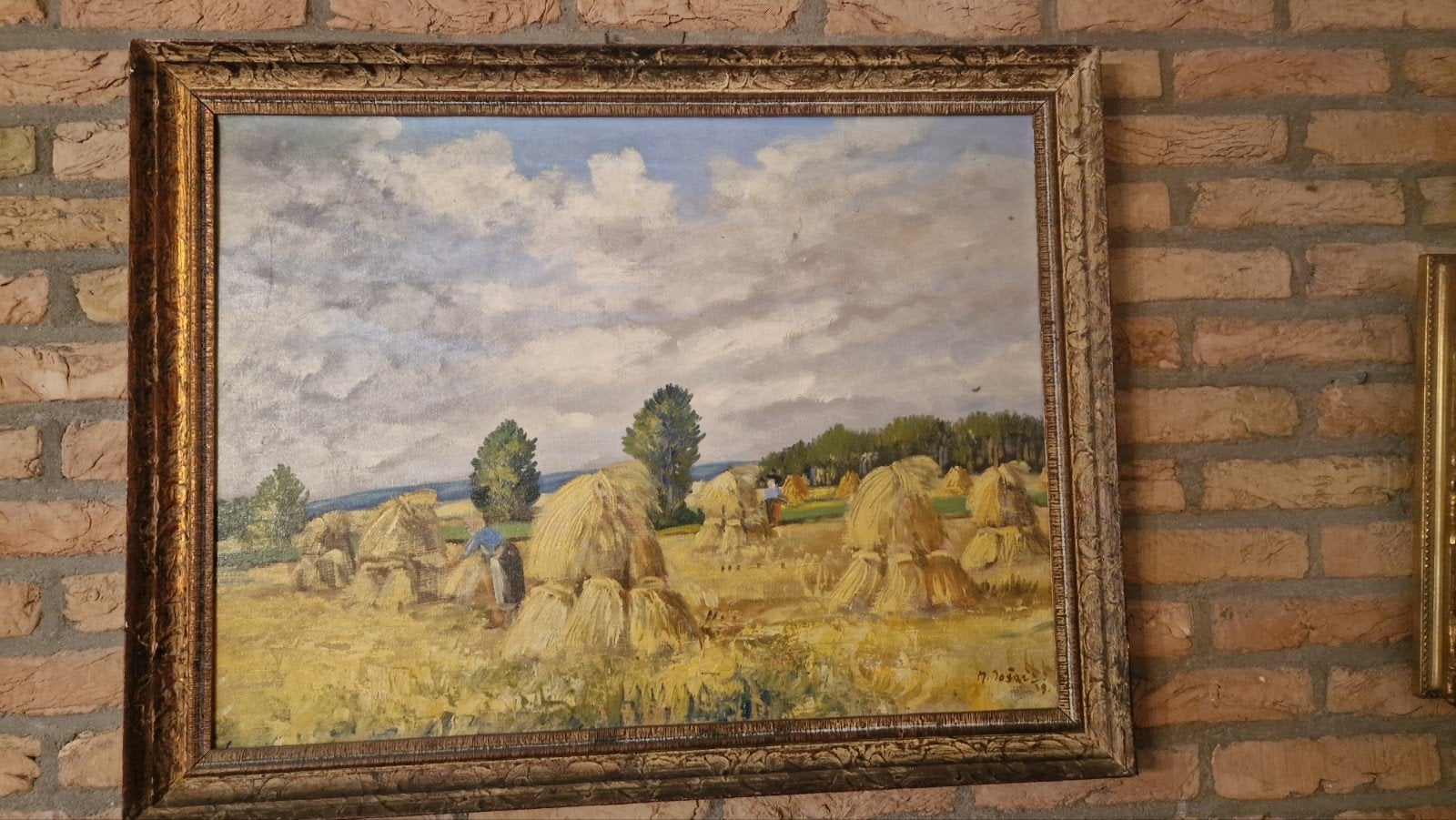 Schilderij M. Jogaz 1939 - Landschap met hooibergen, Ophalen, Doek, Realistisch, Gedateerd