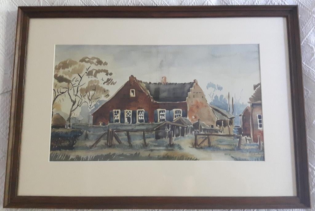 P.C.van Uchelen 1930 Boerderij.Aquarel., Ophalen, Oorspronkelijke maker, Zo goed als nieuw, Schilderij