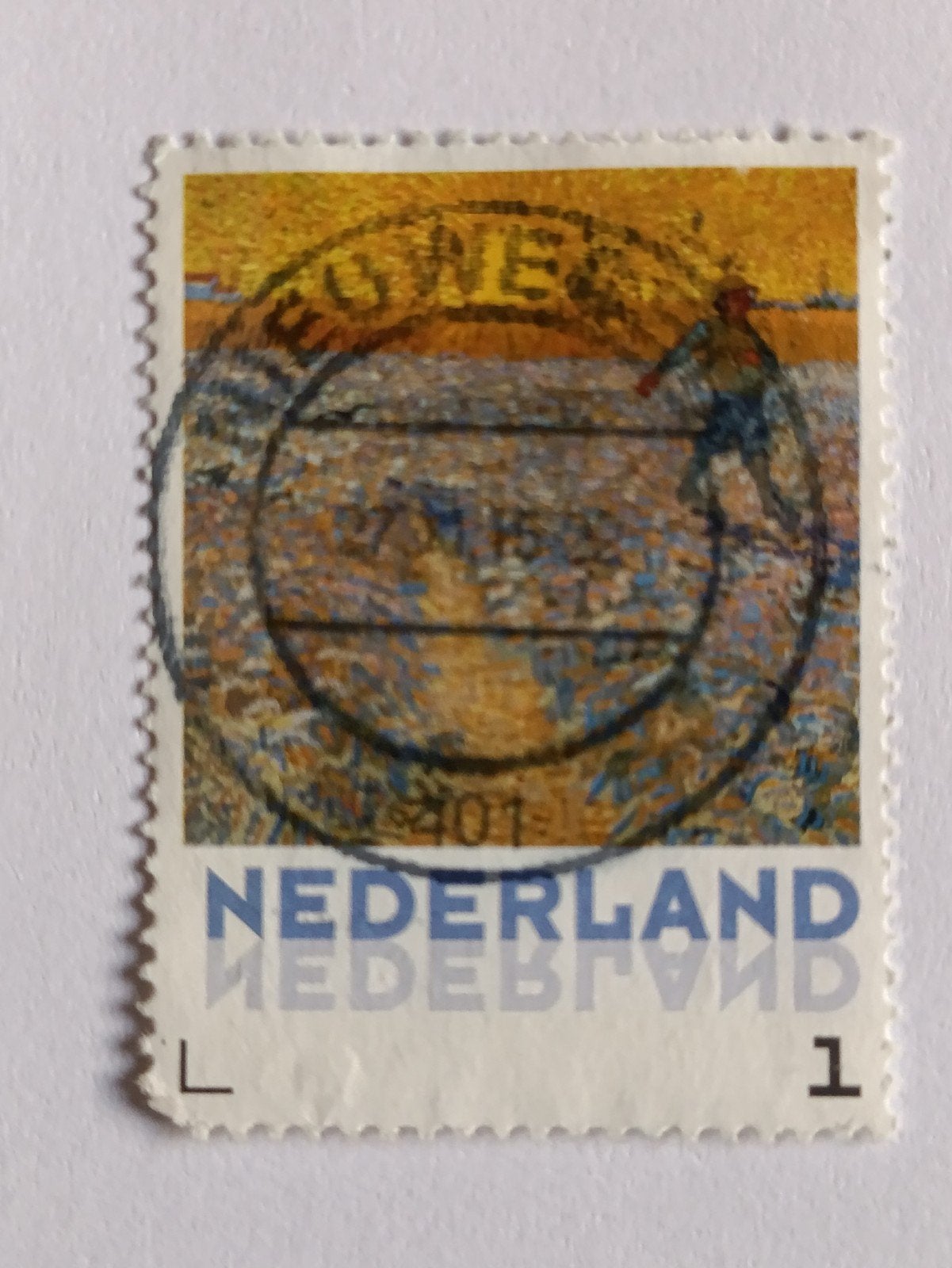 Persoonlijke postzegel Van Gogh - Korenveld met maaier (gest, Postzegels en Munten, Ophalen of Verzenden, Na 1940, Gestempeld