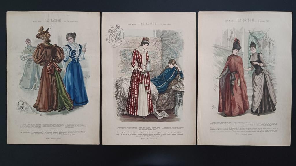 Drie oude Franse modeprenten La Saison., Antiek en Kunst, Ophalen of Verzenden