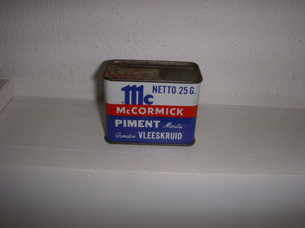OUD blikje Mc Cormick vleeskruiden, Ophalen of Verzenden, Gebruikt, Overige, Overige merken