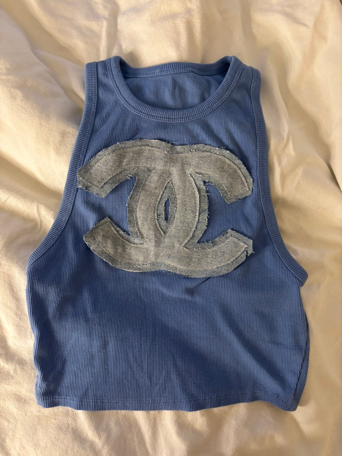 Blauw zelf gemaakt topje, Maat 38/40 (M), Zo goed als nieuw, Zonder mouw, Verzenden