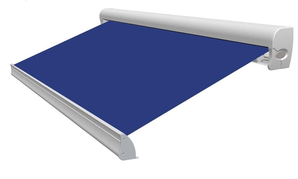 Zonnescherm elektrisch Blauw Knikarm met afstandsbed 5 x 3, Tuin en Terras, Zonneschermen, Elektrisch, Ophalen of Verzenden, Zo goed als nieuw