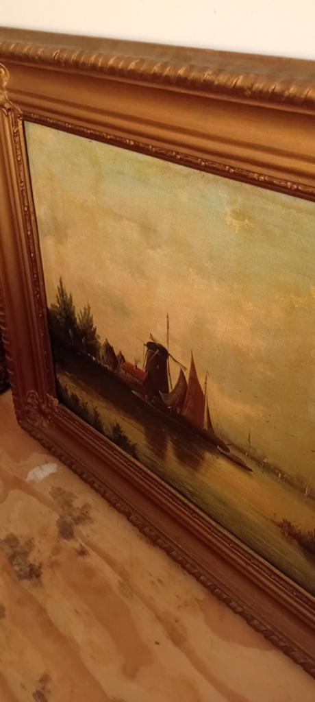 Oud Hollands landschap schilderij met molen en boten, Ophalen of Verzenden