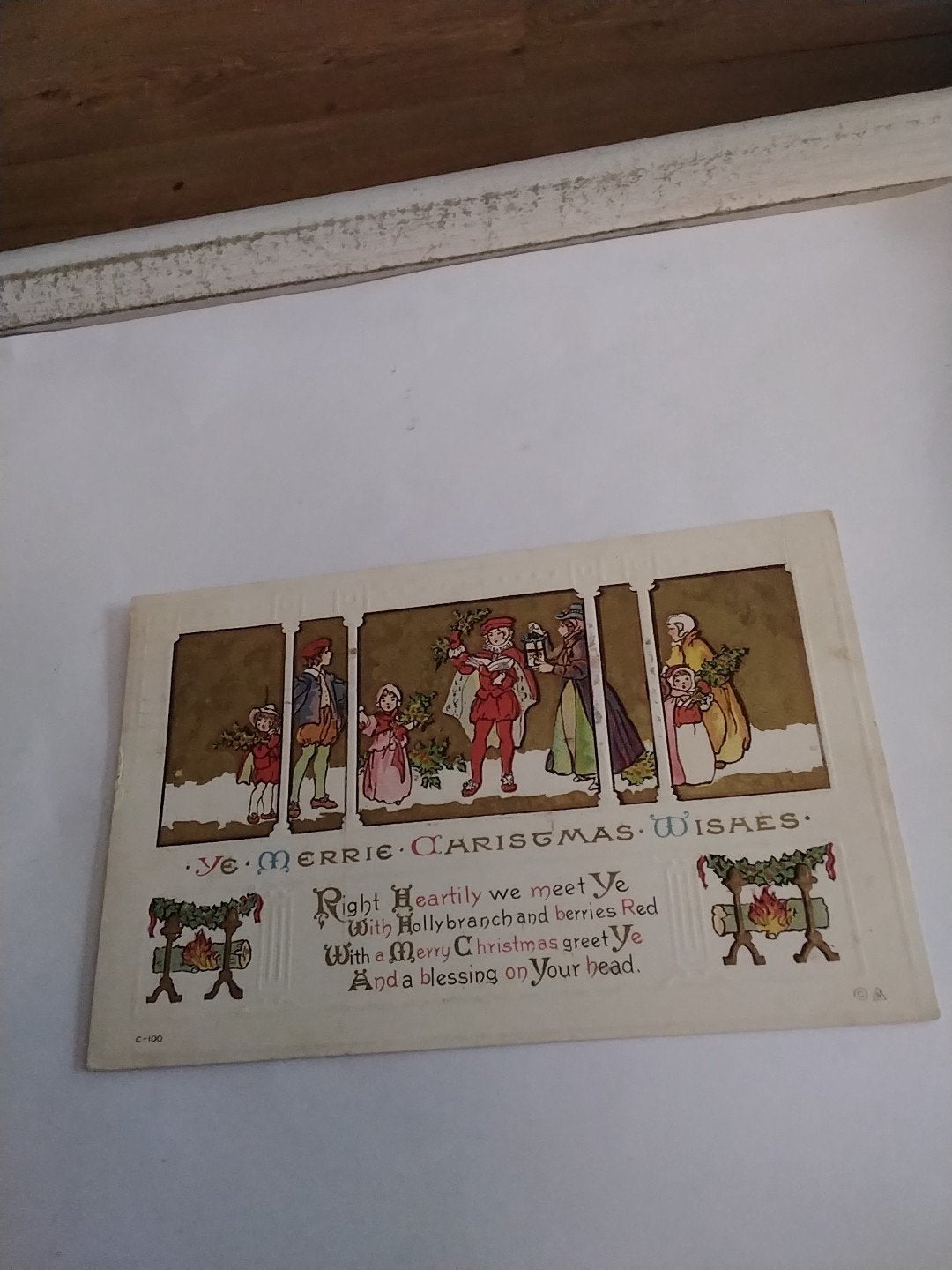 Antieke Kerstkaart 'Ye Merrie Christmas Wishes' 1914, Ophalen of Verzenden, Voor 1920, Gelopen