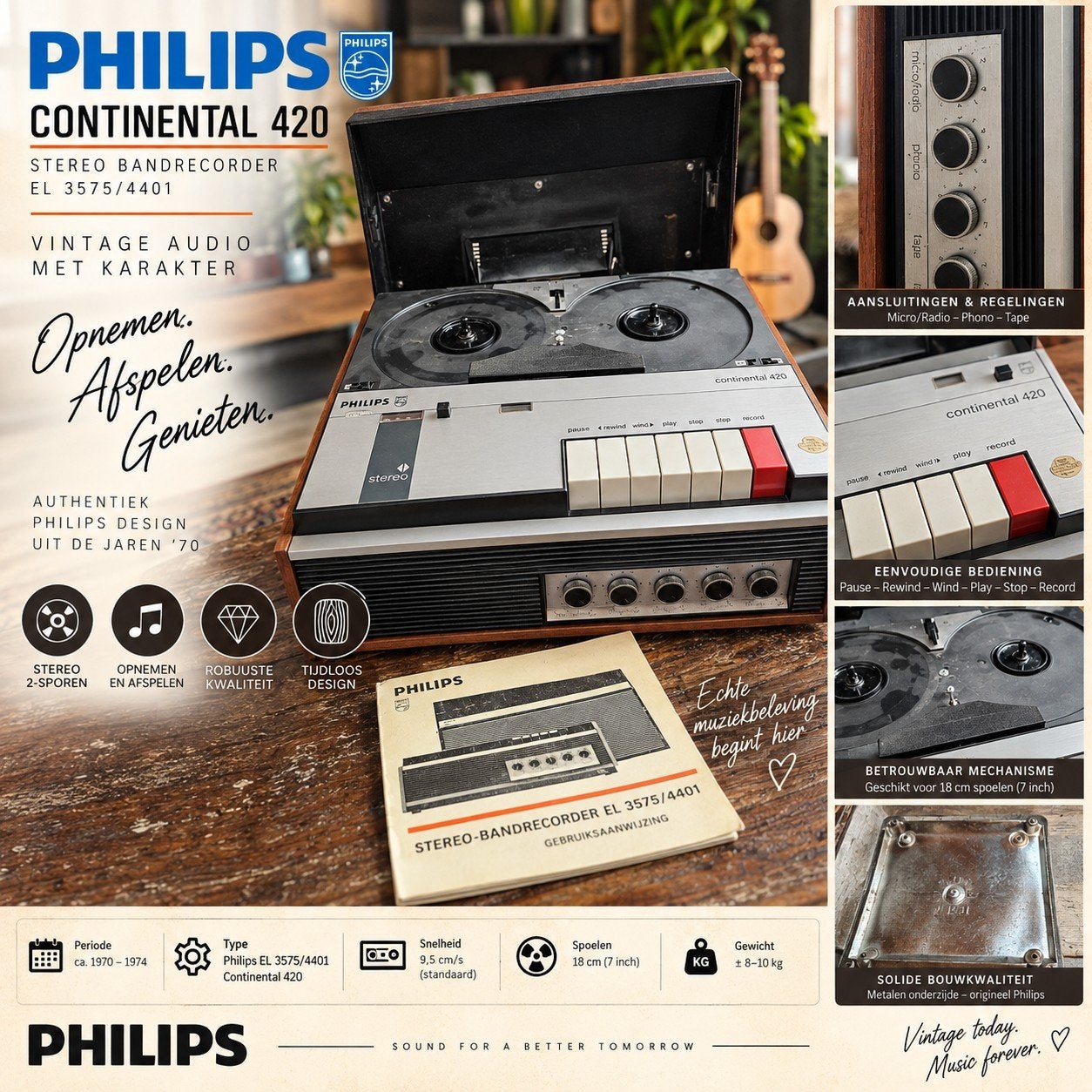 Philips Continental 420 Bandrecorder - Werking Onbekend, Audio, Tv en Foto, Ophalen of Verzenden, Defecte bandrecorder