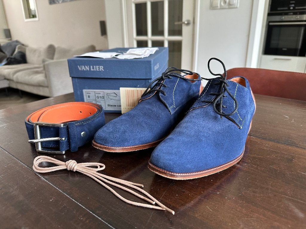 Van Lier schoenen maat 43 donkerblauw suède + riem, Blauw, Van Lier, Ophalen of Verzenden, Zo goed als nieuw