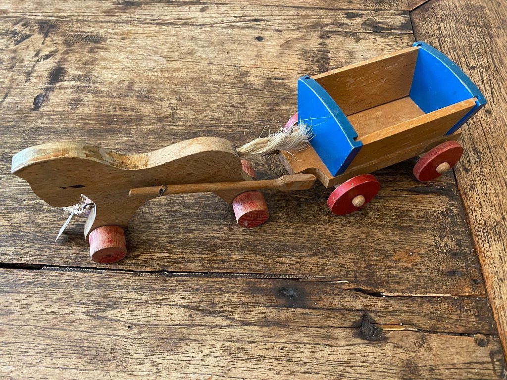 Antiek, brocante houten paard en wagen - merk SISO, Ophalen of Verzenden