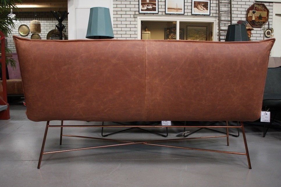 Luxe eetkamerbank Vidar Jess design metaal leer cognac koper, Ophalen, Bruin, Zo goed als nieuw, Vier