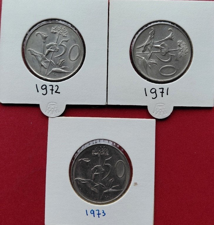 3 x Zuid-Afrika 50 cents, 1971-1973, Postzegels en Munten, Ophalen of Verzenden, Zuid-Afrika, Setje