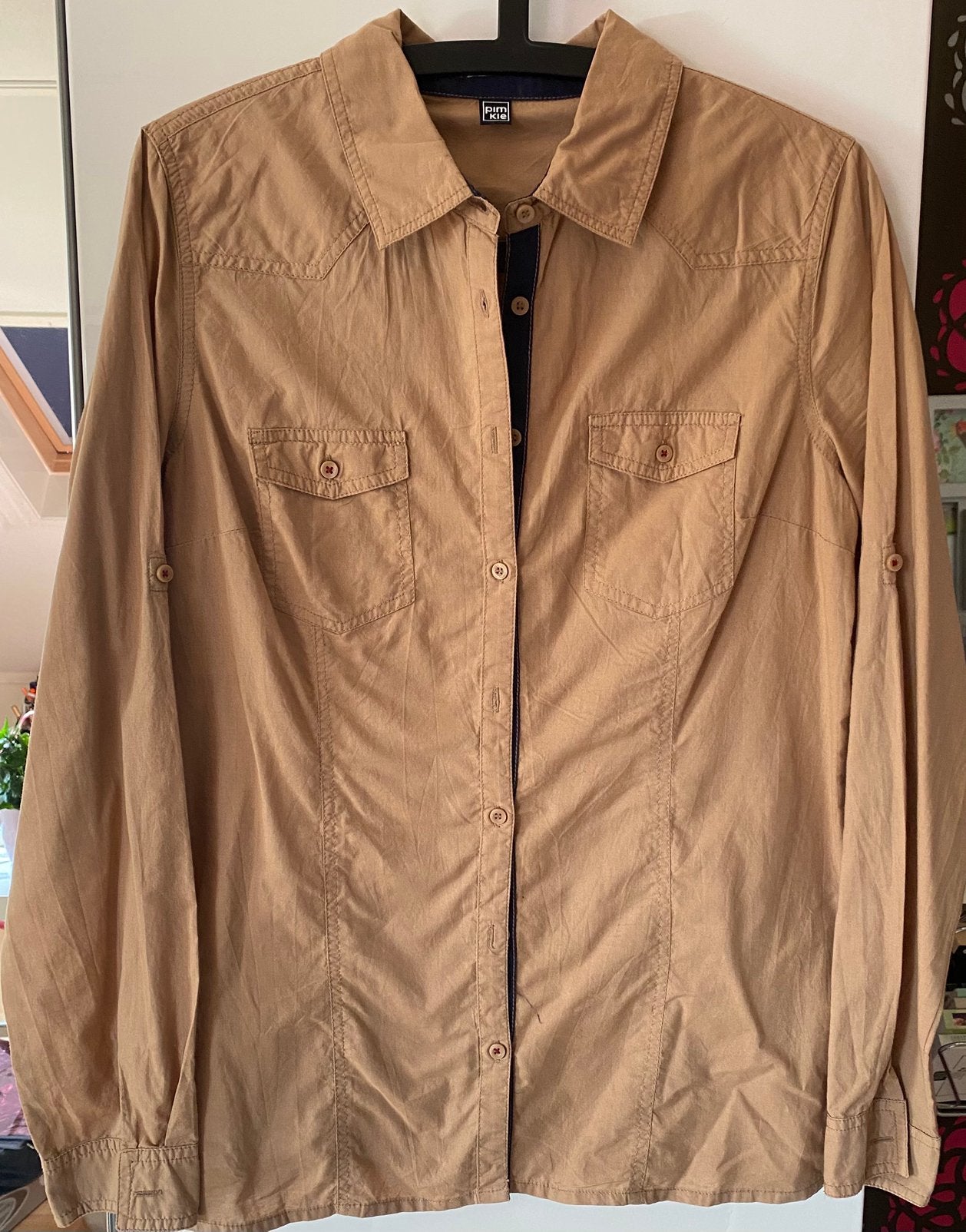 Nieuw cognac bruin kleur blouse 40 L met blauw accenten, Kleding | Dames, Ophalen of Verzenden, Nieuw, Maat 38/40 (M), Bruin